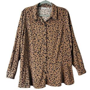 Susan Graver L peach skin beige print peplum button front neutral blouse